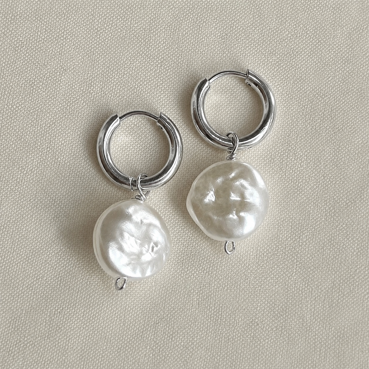 Silver Coin Pearl Huggies