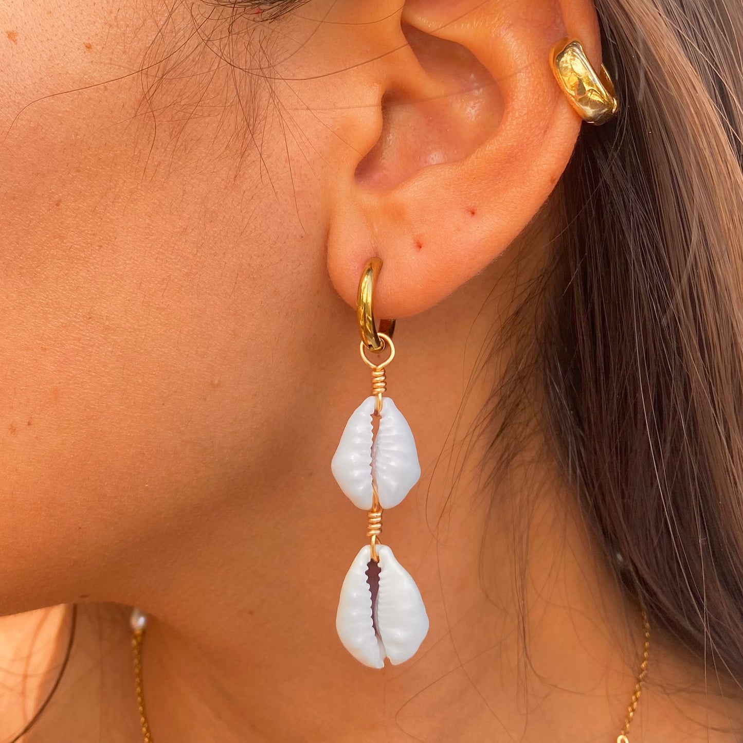 Gold Stacked Cowrie Huggies