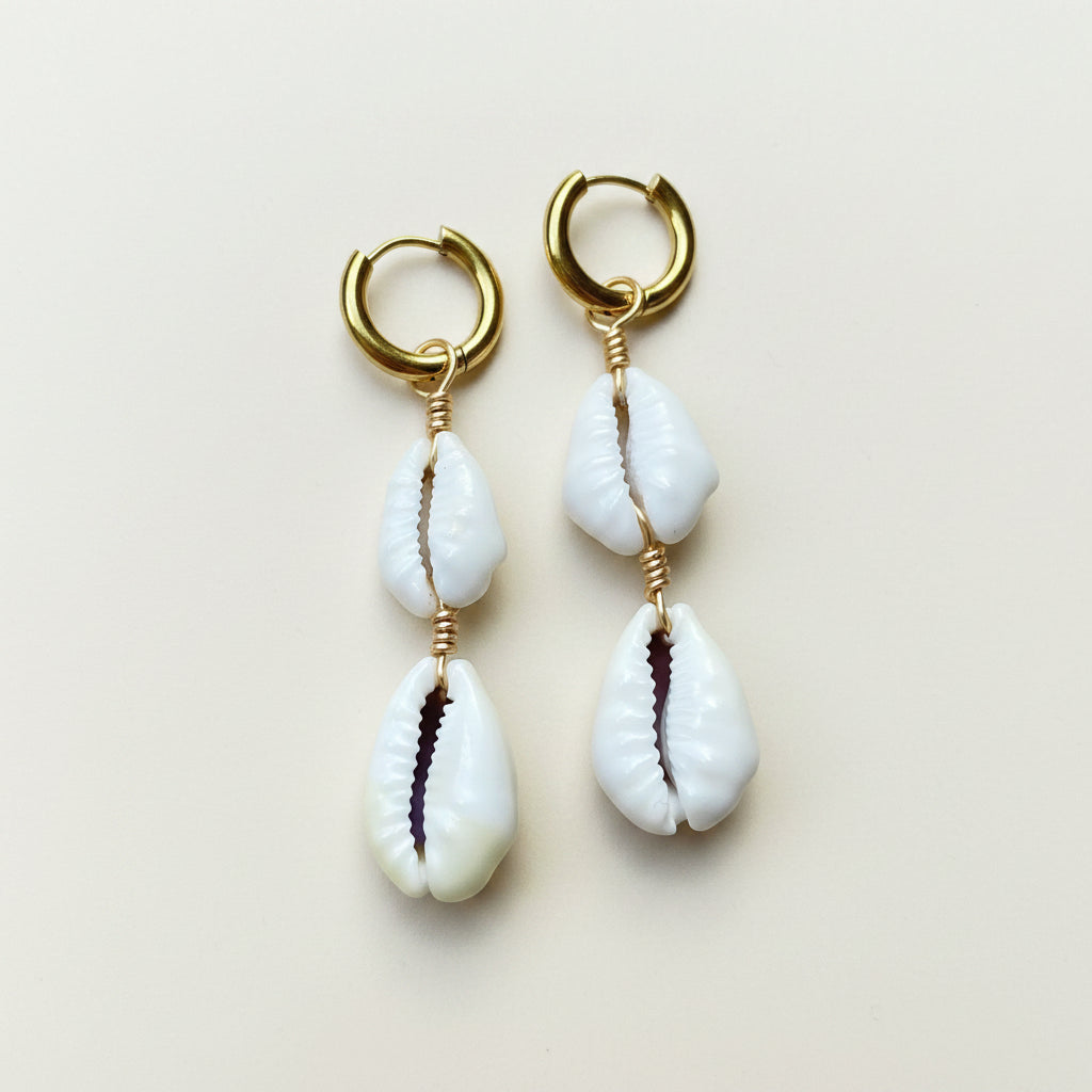 Gold Stacked Cowrie Huggies