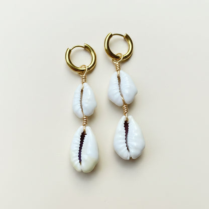 Gold Stacked Cowrie Huggies