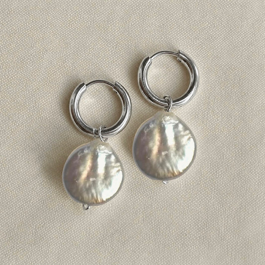 Silver Coin Pearl Huggies