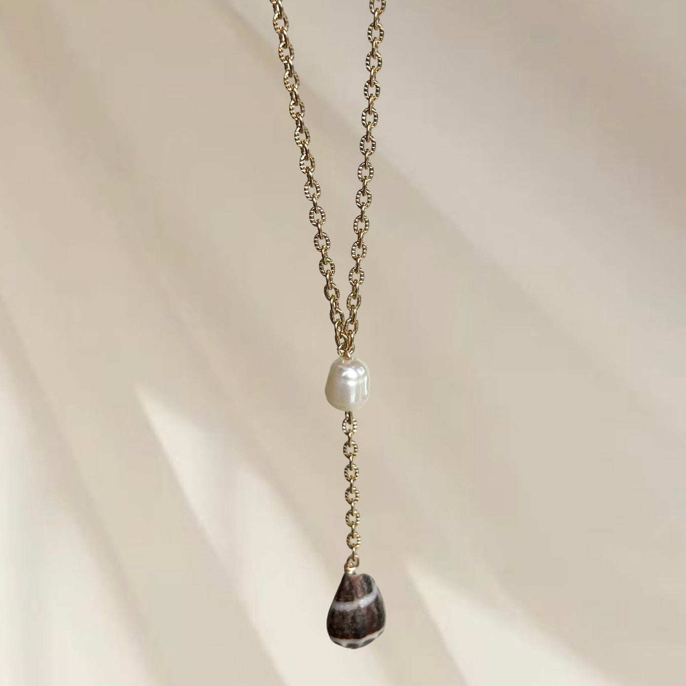 Black Textile Cone & Pearl Lariat Necklace
