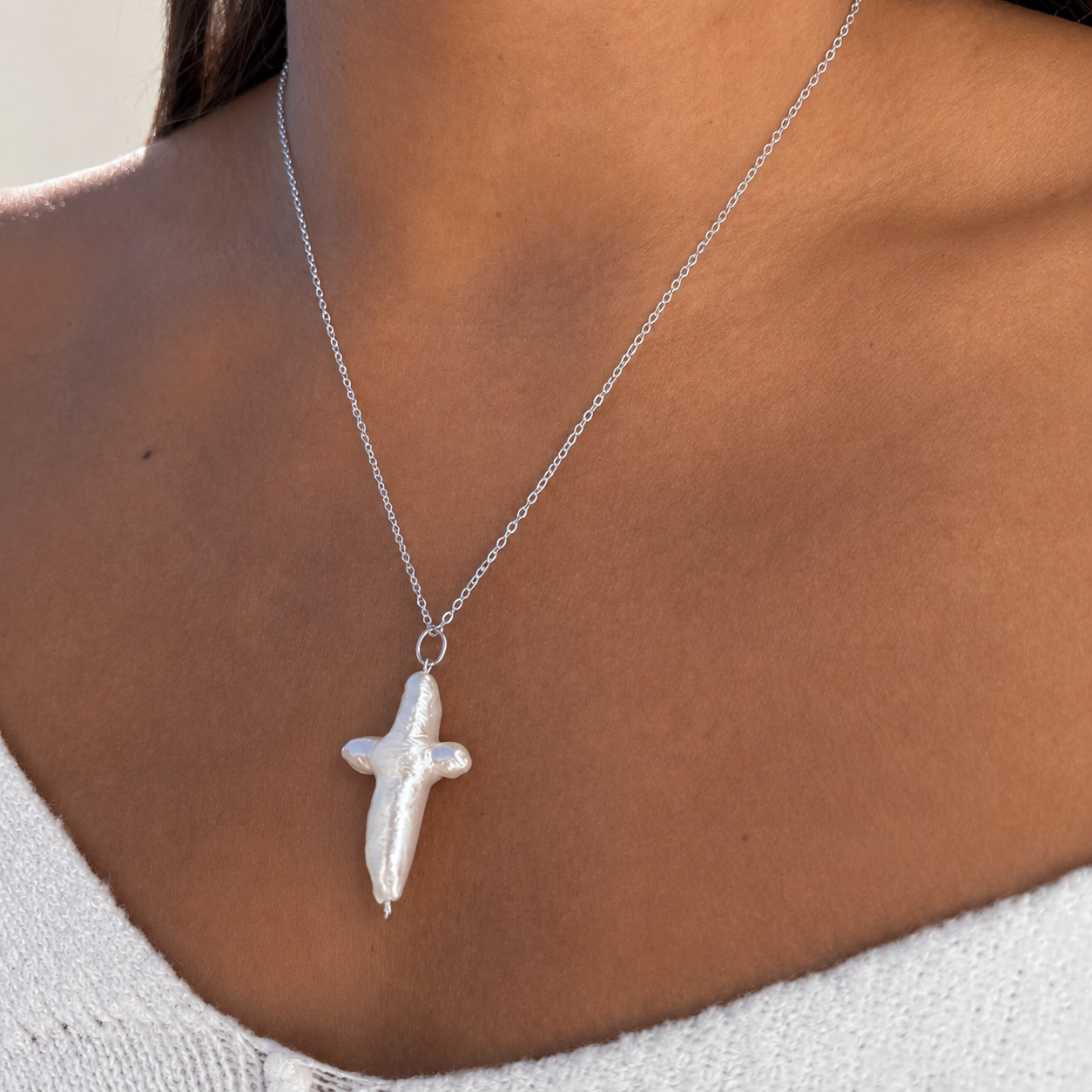 Silver Pearl Cross Necklace