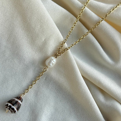 Black Textile Cone & Pearl Lariat Necklace