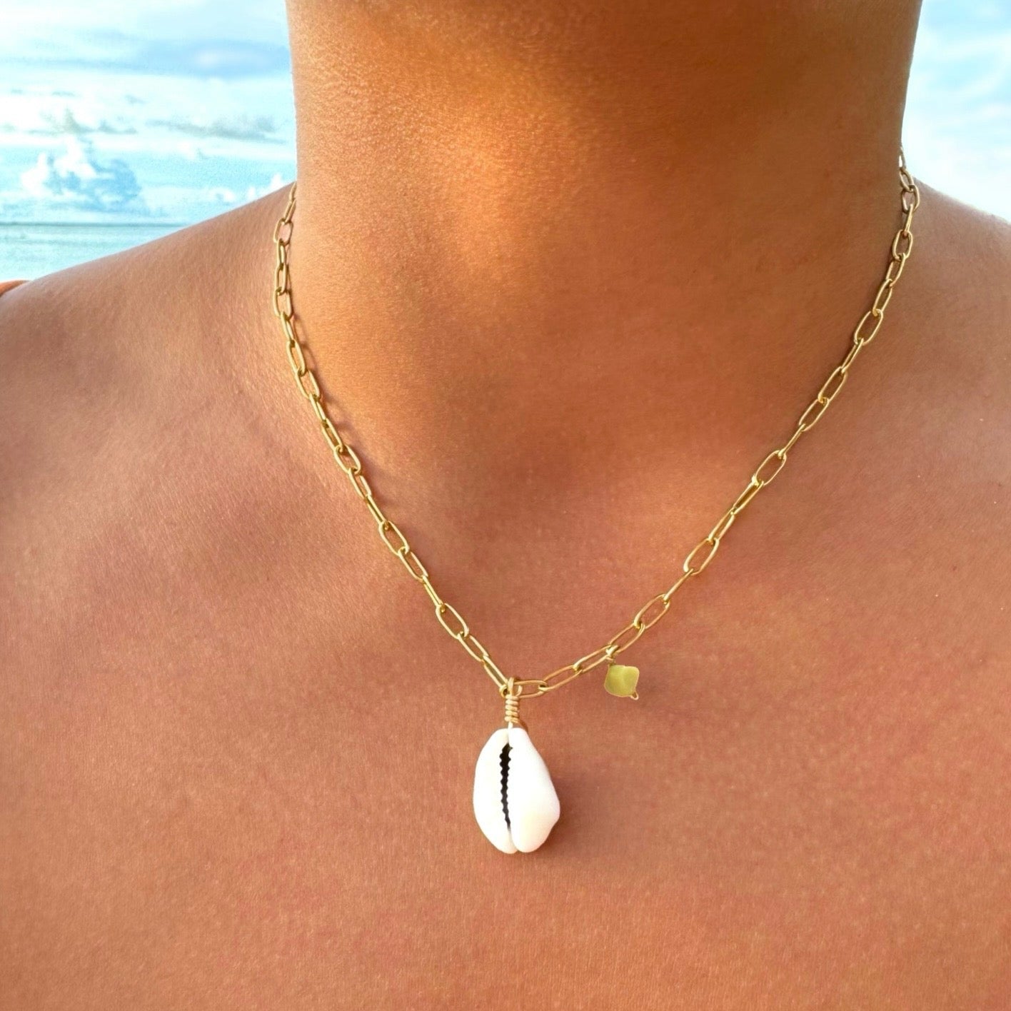 Gold White Cowrie Gem Necklace